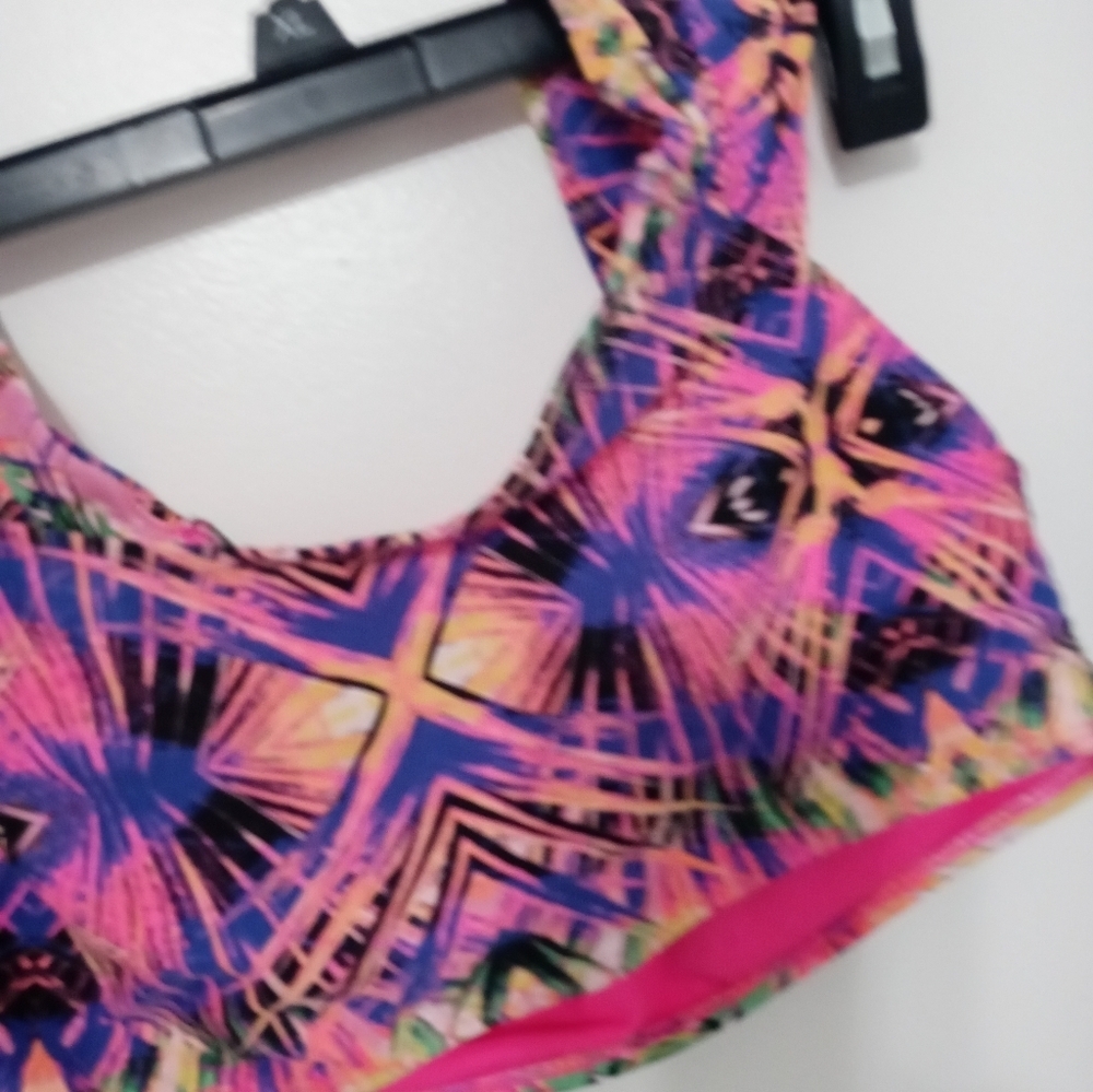 Apollo Swim Coral Tropical  pink/Purple Padded Bralette Swim top w Ruched Straps - Picture 4 of 5
